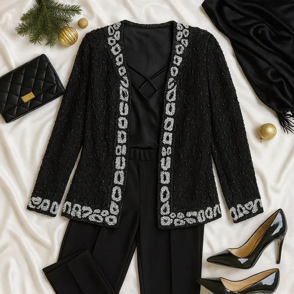 Landmark 100% Silk Hand-Beaded Evening Jacket – Black & White Medium/Large - Picture 10 of 10